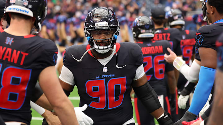 Jan 4, 2026; Houston, Texas, USA;  Houston Texans defensive tackle Sheldon Rankins (90) takes the field prior to a game against the Indianapolis Colts at NRG Stadium. Mandatory Credit: Thomas Shea-Imagn Images
