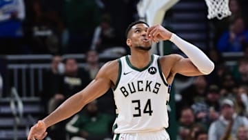 Nov 7, 2024; Milwaukee, Wisconsin, USA;  Milwaukee Bucks forward Giannis Antetokounmpo (34) gestures in the fourth quarter against the Utah Jazz at Fiserv Forum. Mandatory Credit: Benny Sieu-Imagn Images