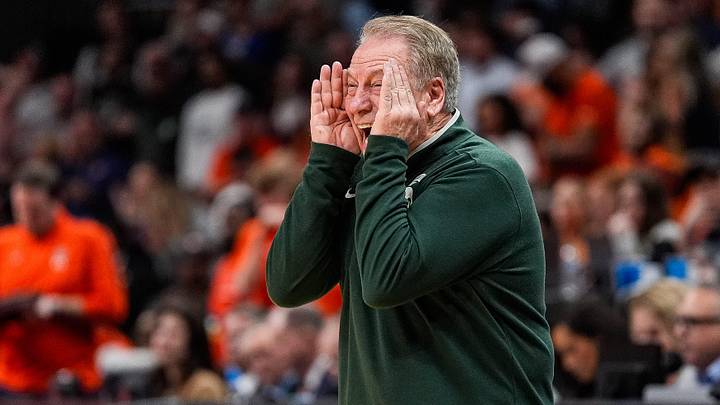Michigan State head coach Tom Izzo reacts to a play against Auburn during the second half of the Elite Eight round of NCAA tournament at State Farm Arena in Atlanta, Ga. on Sunday, March 30, 2025.