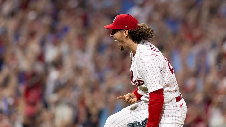 Aug 9, 2023; Philadelphia, Pennsylvania, USA; Philadelphia Phillies starting pitcher Michael Lorenzen (22) reacts after pitching a no hitter for a victory against the Washington Nationals at Citizens Bank Park.