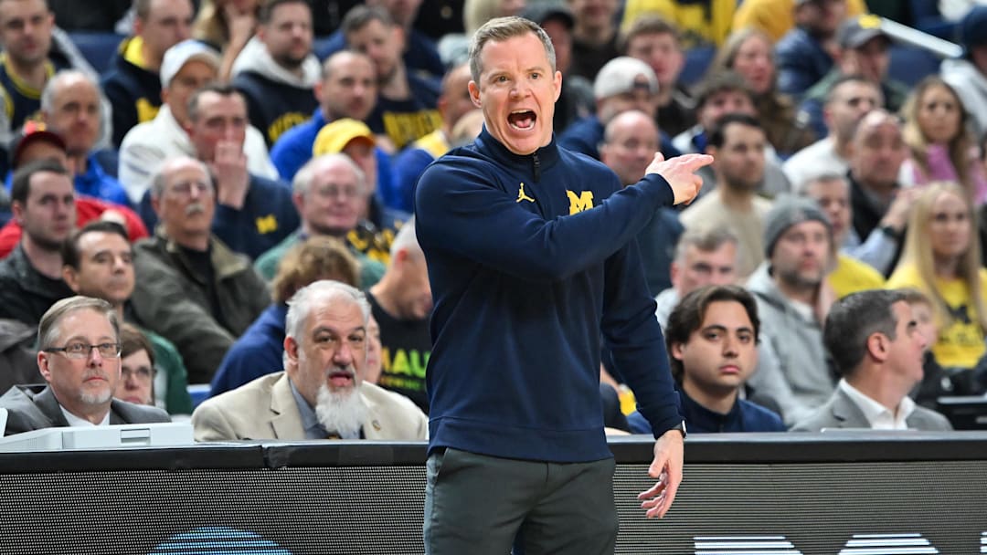 Mar 21, 2026; Buffalo, NY, USA; Michigan Wolverines head coach Dusty May reacts in the second half against the Saint Louis Billikens during a second round game of the men's 2026 NCAA Tournament at Keybank Center. Mandatory Credit: Mark Konezny-Imagn Images