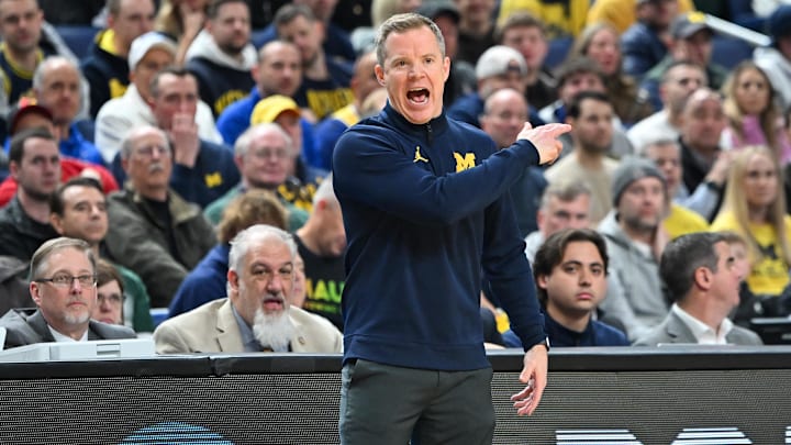 Mar 21, 2026; Buffalo, NY, USA; Michigan Wolverines head coach Dusty May reacts in the second half against the Saint Louis Billikens during a second round game of the men's 2026 NCAA Tournament at Keybank Center. Mandatory Credit: Mark Konezny-Imagn Images