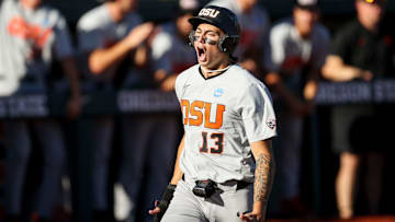 Oregon State infielder Aiva Arquette (13) reacts while crossing home plate in game 2 of the NCAA Super Regional against Florida State at Goss Stadium on Saturday, June 7, 2025 in Corvallis.