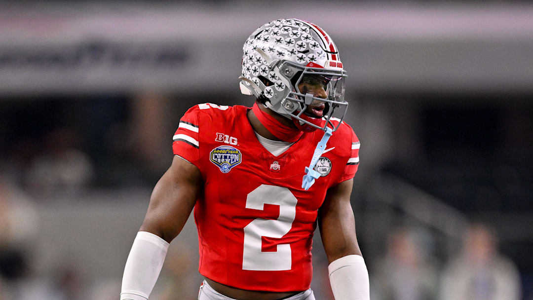 Dec 31, 2025; Arlington, TX, USA; Ohio State Buckeyes safety Caleb Downs (2) gets into position during the 2025 Cotton Bowl and quarterfinal game of the College Football Playoff at AT&T Stadium. Mandatory Credit: Jerome Miron-Imagn Images