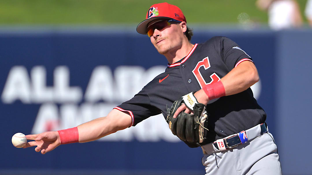 Feb 21, 2026: Cleveland Guardians second baseman Travis Bazzana (72) makes a play  in the fourth inning against the Milwaukee Brewers at American Family Fields of Phoenix. 