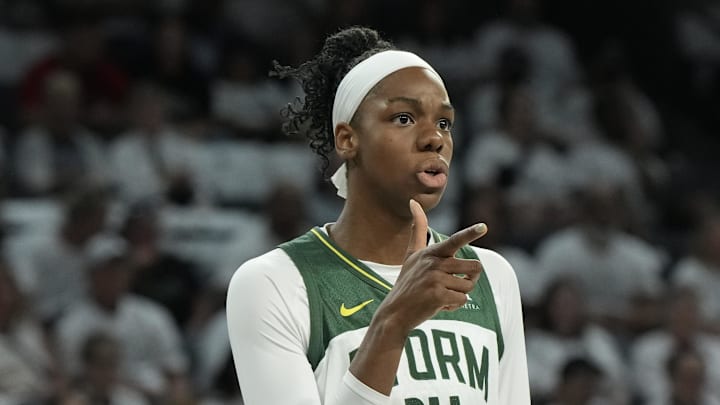 Sep 14, 2025; Las Vegas, Nevada, USA; Seattle Storm center Dominique Malonga (14) gestures to a teammate before foul shot by the Las Vegas Aces in the second quarter during game one of round one for the 2025 WNBA Playoffs at Michelob Ultra Arena. Mandatory Credit: Candice Ward-Imagn Images