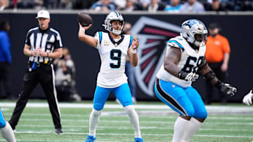 Nov 16, 2025; Atlanta, Georgia, USA; Carolina Panthers quarterback Bryce Young (9) throws the ball in the first quarter against the Atlanta Falcons at Mercedes-Benz Stadium. Mandatory Credit: Dale Zanine-Imagn Images