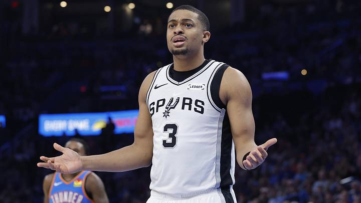 Jan 13, 2026; Oklahoma City, Oklahoma, USA; San Antonio Spurs forward/guard Keldon Johnson (3) reacts after a play against the Oklahoma City Thunder during the second half at Paycom Center. Mandatory Credit: Alonzo Adams-Imagn Images