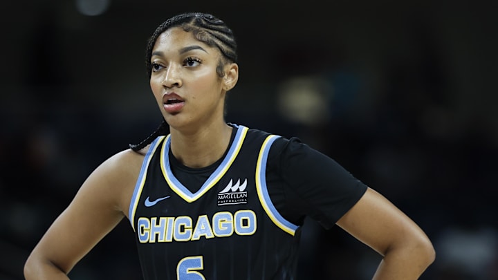 Aug 19, 2025; Chicago, Illinois, USA; Chicago Sky forward Angel Reese (5)looks on during the first half of a WNBA game against the Seattle Storm at Wintrust Arena. Mandatory Credit: Kamil Krzaczynski-Imagn Images