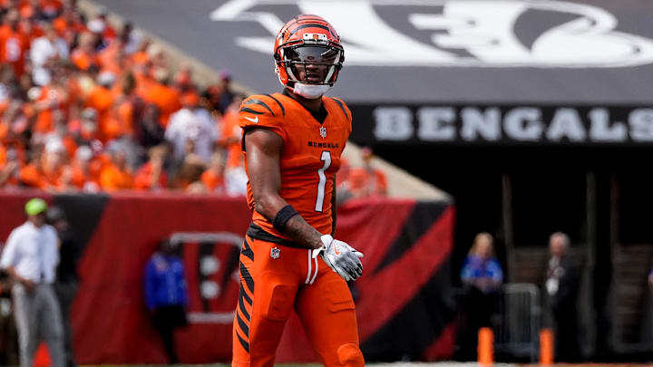 Cincinnati Bengals wide receiver Ja'Marr Chase (1) walks on the field in the third quarter of the NFL Week 1 game between the Cincinnati Bengals and the New England Patriots at Paycor Stadium in downtown Cincinnati on Sunday, Sept. 8, 2024. The Patriots won the season opener, 16-10.