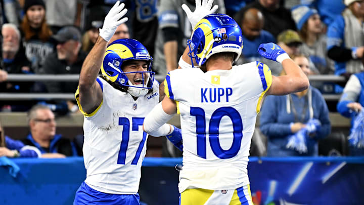 Los Angeles Rams receivers Puka Nacua and Cooper Kupp celebrate a touchdown. Los Angeles Rams receivers Puka Nacua and Cooper Kupp celebrate a touchdown.
