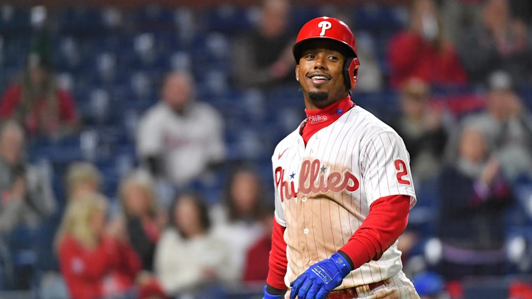 Philadelphia Phillies second baseman Jean Segura smiles after scoring a run during the seventh inning against the Colorado Rockies at Citizens Bank Park.