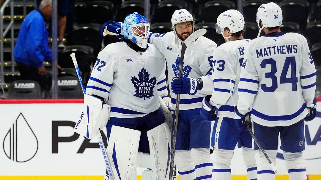 Oct 10, 2026; Denver, Colorado, USA;  Members of the Toronto Maple Leafs celebrate defeating the Colorado Avalanche at Ball Arena.  Mandatory Credit: Ron Chenoy-Imagn Images