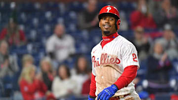 Philadelphia Phillies second baseman Jean Segura smiles after scoring a run during the seventh inning against the Colorado Rockies at Citizens Bank Park.