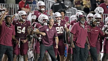 Sep 21, 2024; Tallahassee, Florida, USA; Florida State Seminoles head coach Mike Norvell and his team watch the time tick off of the clock during the fourth quarter against the California Golden Bears at Doak S. Campbell Stadium. Mandatory Credit: Melina Myers-Imagn Images
