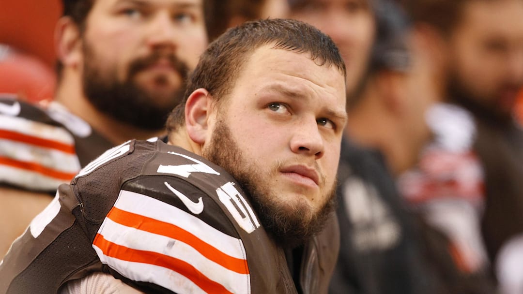 Dec 14, 2014; Cleveland, OH, USA; Cleveland Browns guard Joel Bitonio (75) looks up at the scoreboard during the fourth quarter at FirstEnergy Stadium.  The Bengals beat the Browns 30-0. Mandatory Credit: Joe Maiorana-Imagn Images