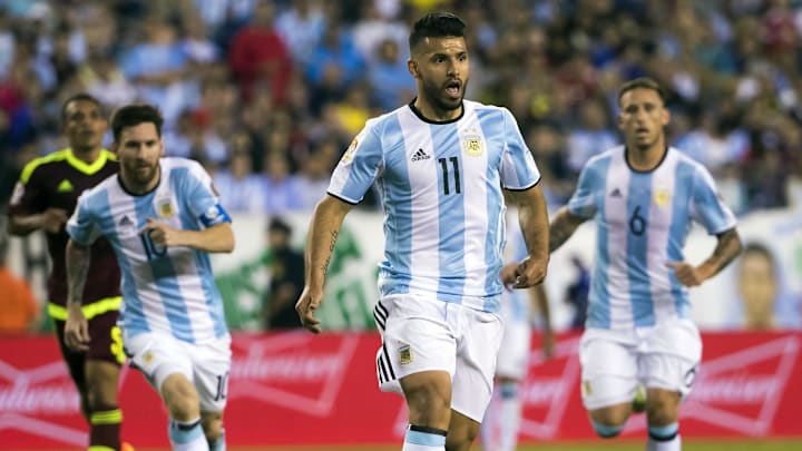 Jun 18, 2016; Foxborough, MA, USA; Argentina forward Sergio Aguero (11) carries the ball up field during the second half of Argentina's 4-1 win over Venezuela in quarter-final play in the 2016 Copa America Centenario soccer tournament at Gillette Stadium. Mandatory Credit: Winslow Townson-Imagn Images Jun 18, 2016; Foxborough, MA, USA; Argentina forward Sergio Aguero (11) carries the ball up field during the second half of Argentina's 4-1 win over Venezuela in quarter-final play in the 2016 Copa America Centenario soccer tournament at Gillette Stadium. Mandatory Credit: Winslow Townson-Imagn Images