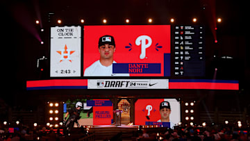Jul 14, 2024; Ft. Worth, TX, USA; Dante Nori is drafted by the Philadelphia Philles with the 27th pick during the first round of the MLB Draft at Cowtown Coliseum. Mandatory Credit: Kevin Jairaj-Imagn Images