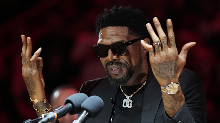 Miami Heat Udonis Haslem speaks  (Mandatory Credit: Jasen Vinlove-Imagn Images)