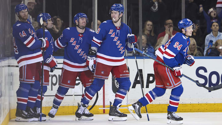 Apr 4, 2026; New York, New York, USA; New York Rangers right wing Gabe Perreault (94) celebrates his second goal against the Detroit Red Wings during the third period at Madison Square Garden. Apr 4, 2026; New York, New York, USA; New York Rangers right wing Gabe Perreault (94) celebrates his second goal against the Detroit Red Wings during the third period at Madison Square Garden.