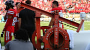 The oil pump jack on the Texas Tech Red Raiders bench : Michael C. Johnson-Imagn Images
