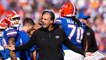 Florida Gators head coach Billy Napier reacts to a call during the first half at Ben Hill Griffin Stadium in Gainesville, FL on Saturday, November 23, 2024. [Doug Engle/Gainesville Sun]