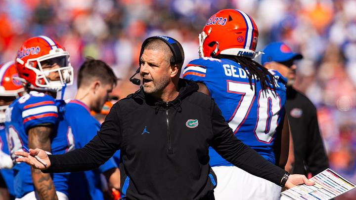 Florida Gators head coach Billy Napier reacts to a call during the first half at Ben Hill Griffin Stadium in Gainesville, FL on Saturday, November 23, 2024. [Doug Engle/Gainesville Sun]