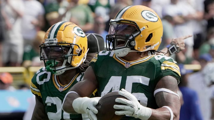 Green Bay Packers linebacker Eric Wilson (45) celebrates his interception during the third quarter against the Colts on Sunday.