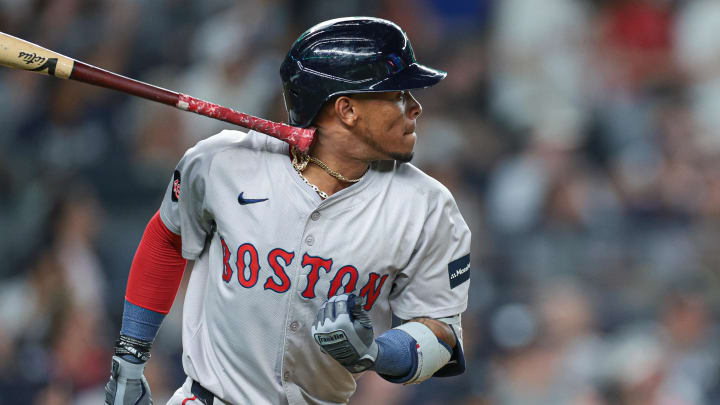 Jul 7, 2024; Bronx, New York, USA;  Boston Red Sox center fielder Ceddanne Rafaela (43) looks up at his solo home run during the eighth inning against the New York Yankees at Yankee Stadium. Mandatory Credit: Vincent Carchietta-USA TODAY Sports