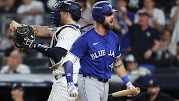 Oct 7, 2025; Bronx, New York, USA; Toronto Blue Jays right fielder Nathan Lukes (38) reacts after being called out on strikes during the ninth inning of game three of the ALDS round of the 2025 MLB playoffs against the New York Yankees at Yankee Stadium. Mandatory Credit: Vincent Carchietta-Imagn Images