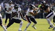 Oct 26, 2025; Baltimore, Maryland, USA; Chicago Bears running back D'Andre Swift (4) carries the ball against the Baltimore Ravens at M&T Bank Stadium. Mandatory Credit: Geoff Burke-Imagn Images