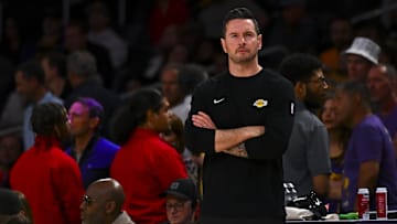 Mar 20, 2025; Los Angeles, California, USA; Los Angeles Lakers head coach JJ Redick on the sidelines against the Los Angeles Lakers during the second half at Crypto.com Arena.