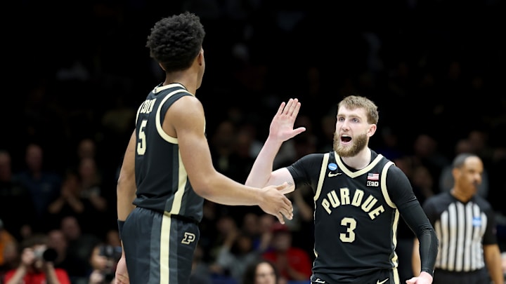Braden Smith celebrates a bucket in Purdue's Sweet 16 loss in the 2025 NCAA Tournament.
