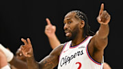 Oct 12, 2025; Inglewood, California, USA; Los Angeles Clippers forward Kawhi Leonard (2) points after the ref makes a call against the Denver Nuggets during the second quarter at Intuit Dome. Mandatory Credit: Jonathan Hui-Imagn Images