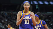Mar 30, 2024; Albany, NY, USA; LSU Tigers forward Angel Reese (10) reacts to a foul call against the UCLA Bruins during the second half in the semifinals of the Albany Regional of the 2024 NCAA Tournament at MVP Arena. Mandatory Credit: Gregory Fisher-Imagn Images