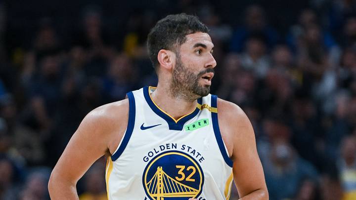 Oct 6, 2026; San Francisco, California, USA;  Golden State Warriors forward Georges Niang (32) runs up the court during the second quarter of the game against the Los Angeles Lakers at Chase Center.  Mandatory Credit: Ed Szczepanski-Imagn Images