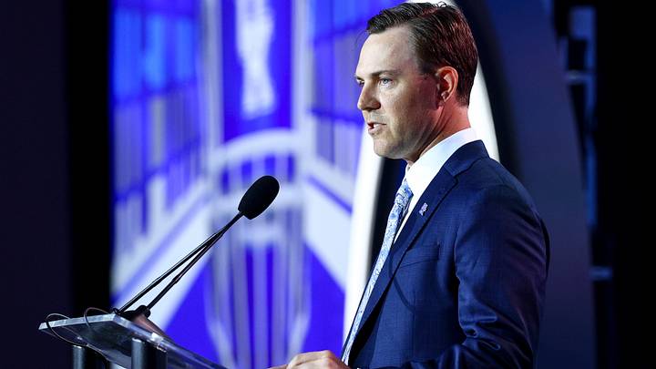 Jul 20, 2026; Tampa, FL, USA; Kentucky Wildcats head coach Will Stein speaks to the press during SEC Football Kickoff Media Day at the Tampa Marriott. Mandatory Credit: Nathan Ray Seebeck-Imagn Images