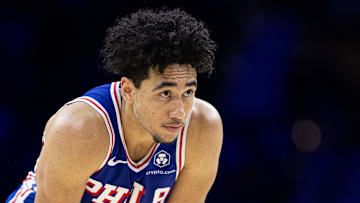 Dec 4, 2024; Philadelphia, Pennsylvania, USA; Philadelphia 76ers guard Jared McCain (20) looks on during the fourth quarter against the Orlando Magic at Wells Fargo Center. Mandatory Credit: Bill Streicher-Imagn Images