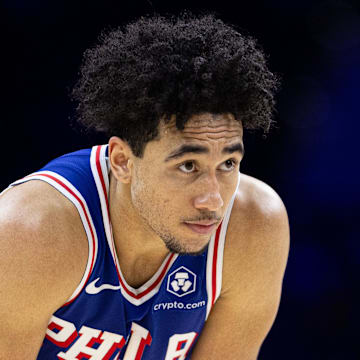 Dec 4, 2024; Philadelphia, Pennsylvania, USA; Philadelphia 76ers guard Jared McCain (20) looks on during the fourth quarter against the Orlando Magic at Wells Fargo Center. Mandatory Credit: Bill Streicher-Imagn Images