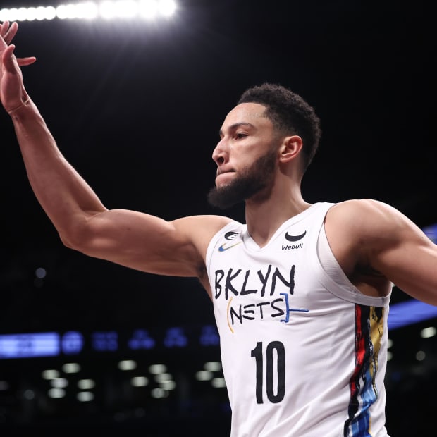 Feb 7, 2023; Brooklyn, New York, USA; Brooklyn Nets guard Ben Simmons (10) celebrates after a basket during the first half against the Phoenix Suns at Barclays Center. Mandatory Credit: Vincent Carchietta-USA TODAY Sports