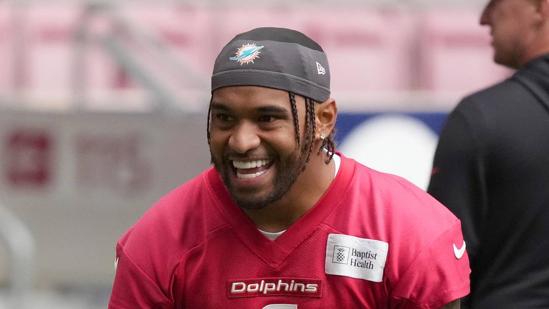 Nov 14, 2025; Madrid, Spain; Miami Dolphins quarterback Tua Tagovailoa (1) during practice at Estadio Riyadh Air Metropolitano. Mandatory Credit: Kirby Lee-Imagn Images