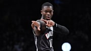 Dec 1, 2024; Brooklyn, New York, USA; Brooklyn Nets guard Dennis Schroder (17) reacts during the second half against the Orlando Magic at Barclays Center. Mandatory Credit: John Jones-Imagn Images
