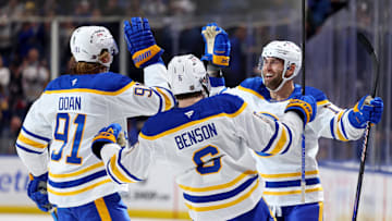 Oct 15, 2025; Buffalo, New York, USA;  Buffalo Sabres left wing Jason Zucker (17) celebrates his goal withy teammates during the second period against the Ottawa Senators at KeyBank Center. Mandatory Credit: Timothy T. Ludwig-Imagn Images