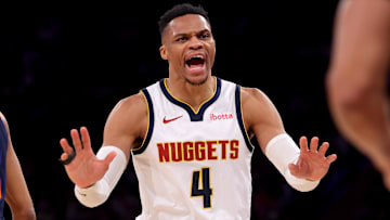 Denver Nuggets guard Russell Westbrook reacts after being called for an offensive foul during the fourth quarter against the New York Knicks at Madison Square Garden on January 25.
