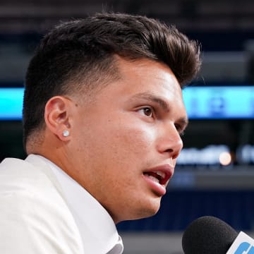 Jul 25, 2024; Indianapolis, IN, USA; Oregon Ducks quarterback Dillon Gabriel speaks to the media during the Big 10 football media day at Lucas Oil Stadium. Mandatory Credit: Robert Goddin-USA TODAY Sports