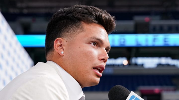 Jul 25, 2024; Indianapolis, IN, USA; Oregon Ducks quarterback Dillon Gabriel speaks to the media during the Big 10 football media day at Lucas Oil Stadium. Mandatory Credit: Robert Goddin-USA TODAY Sports