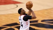 Jun 2, 2019; Toronto, Ontario, CAN; Toronto Raptors forward Norman Powell (24) shoots the basketball in game two of the 2019 NBA Finals against the Golden State Warriors at Scotiabank Arena. Mandatory Credit: Kyle Terada-Imagn Images