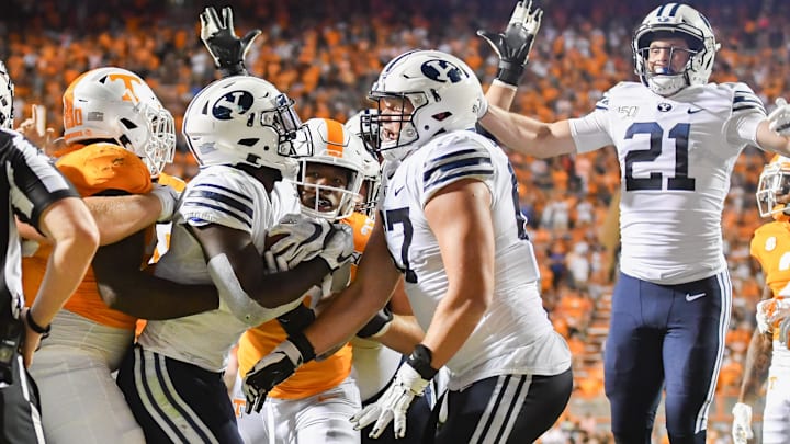 Sep 7, 2019; Knoxville, TN, USA; Brigham Young Cougars running back Ty'Son Williams (5) scores a touchdown in the second overtime to beat the Tennessee Volunteers at Neyland Stadium. Mandatory Credit: Randy Sartin-Imagn Images