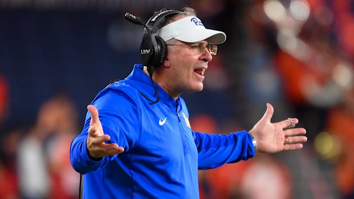 Oct 18, 2025; Syracuse, New York, USA; Pittsburgh Panthers head coach Pat Narduzzi reacts to a call against the Syracuse Orange during the second half at the JMA Wireless Dome. Mandatory Credit: Rich Barnes-Imagn Images