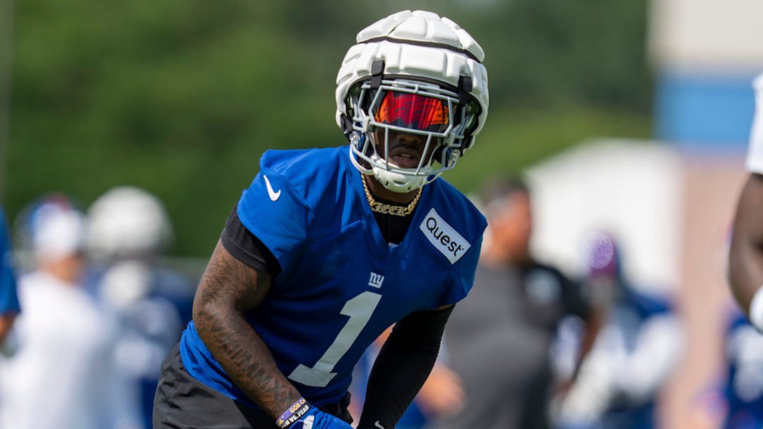 New York Giants wide receiver Malik Nabers (1) gets ready for a play during day one of the New York Giants training camp at Quest Diagnostics Giants Training Center in East Rutherford on Wednesday, July 23, 2025.